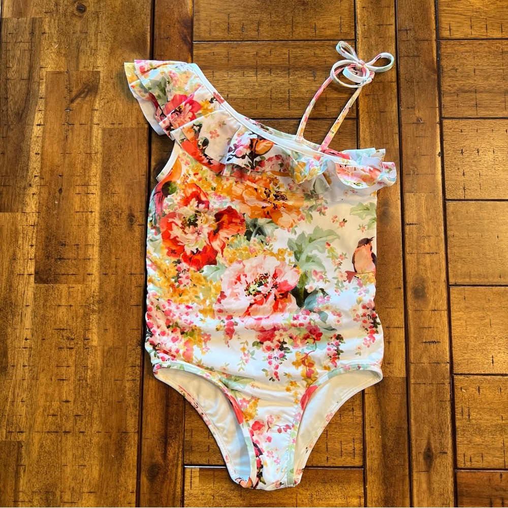Size 6 Girl’s Zimmerman White Floral & Bird One-Shoulder One-Piece Swimsuit